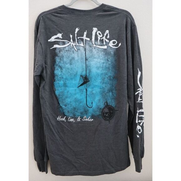 Salt Life SLM10303 Men Sz M Gray Heather Hook Line and Sinker L/S Pocket Tee - Picture 2 of 7
